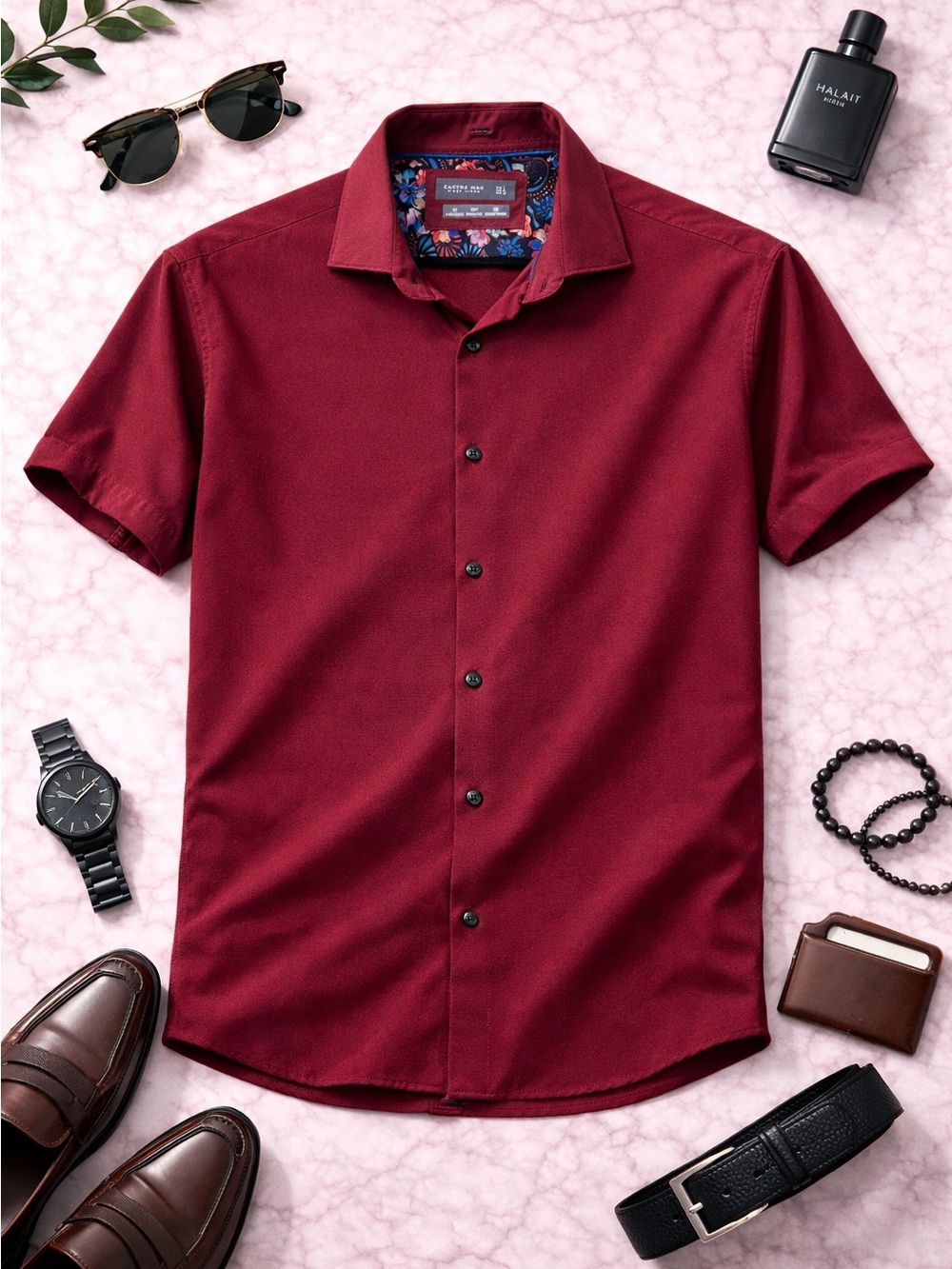 Cactus Man Ricky Singh Burgundy Short Sleeve Button-Front Shirt Size Large